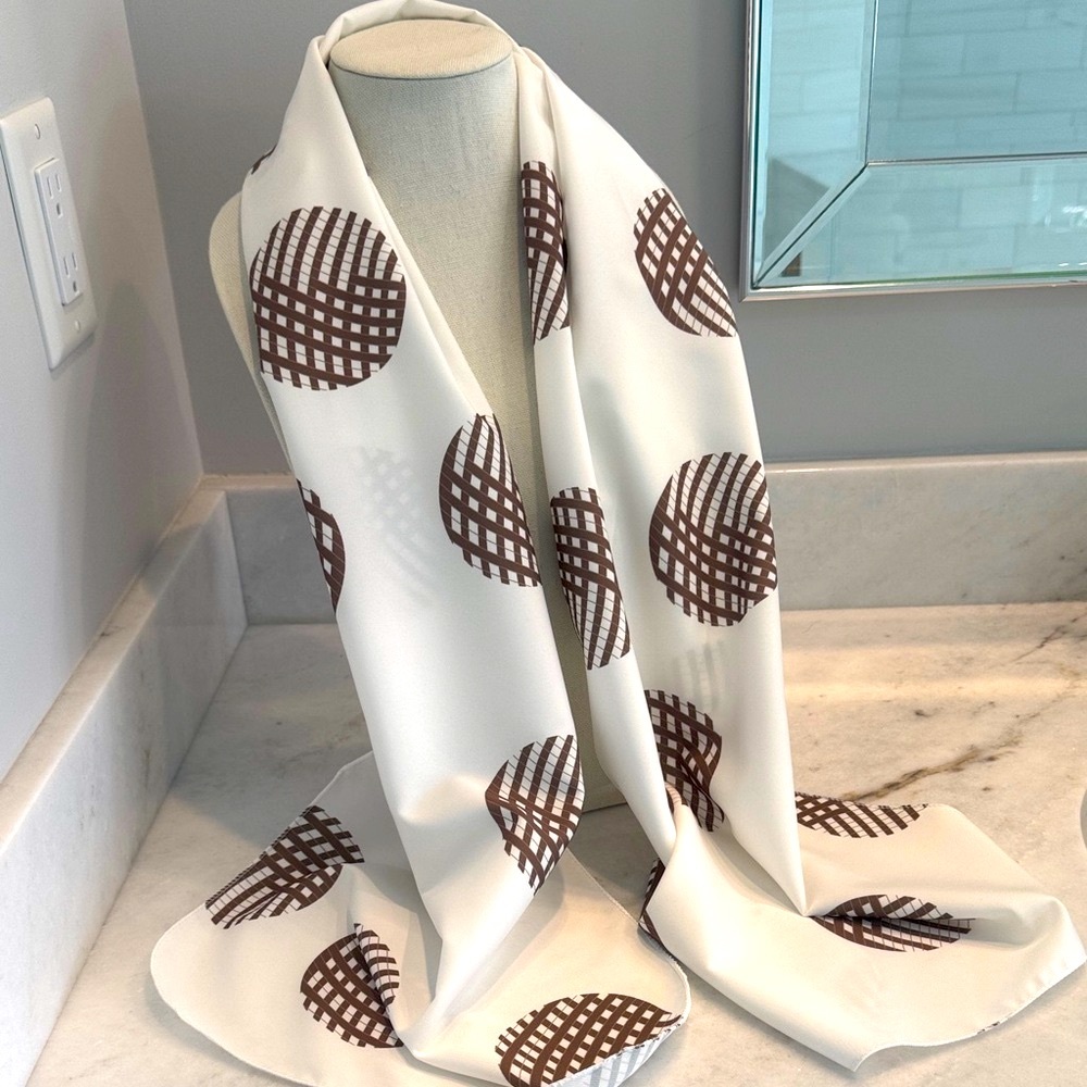 White Scarf with Brown Circular Lattice Print   NWOT